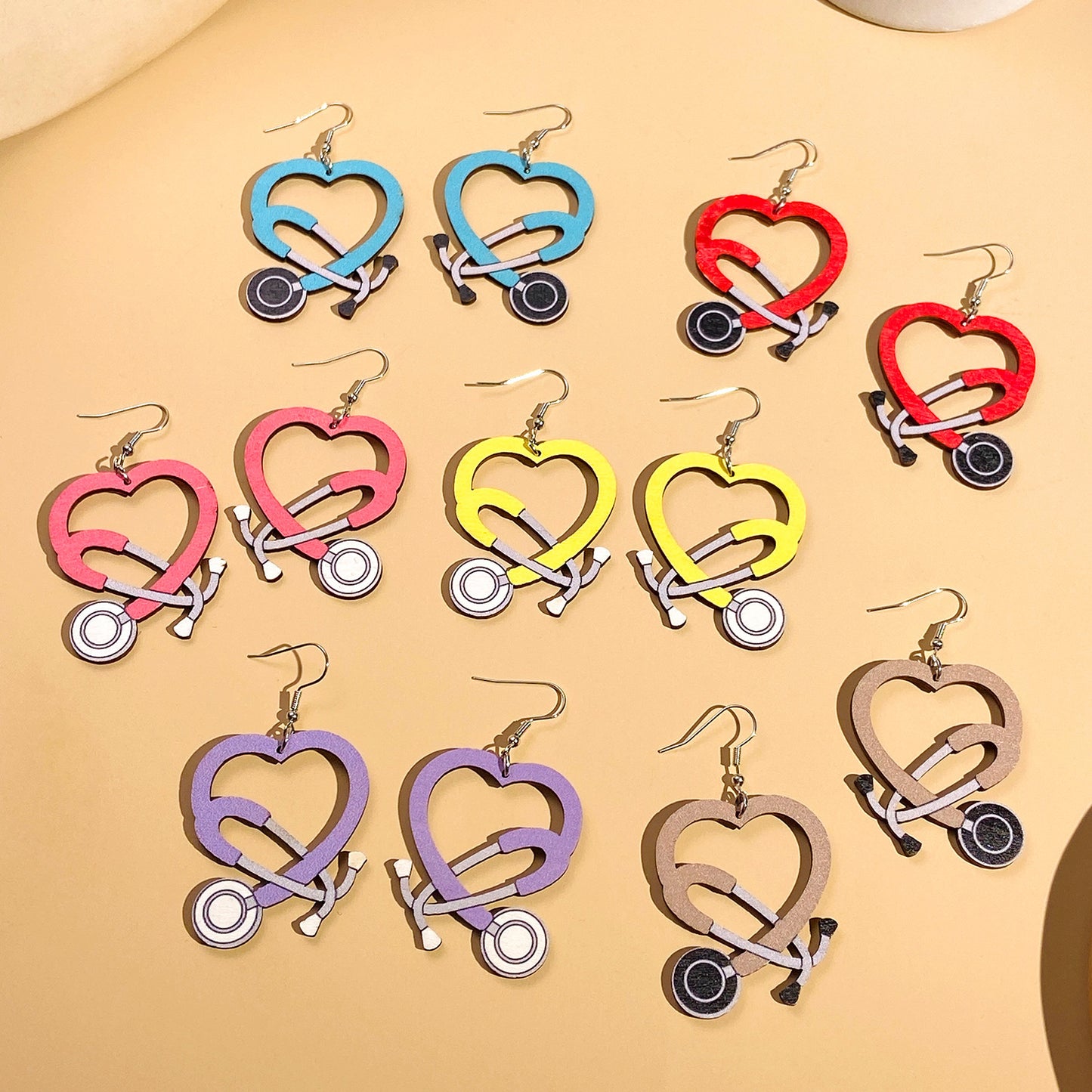 Nurse Medical Color Stethoscope Modeling Wooden Earrings