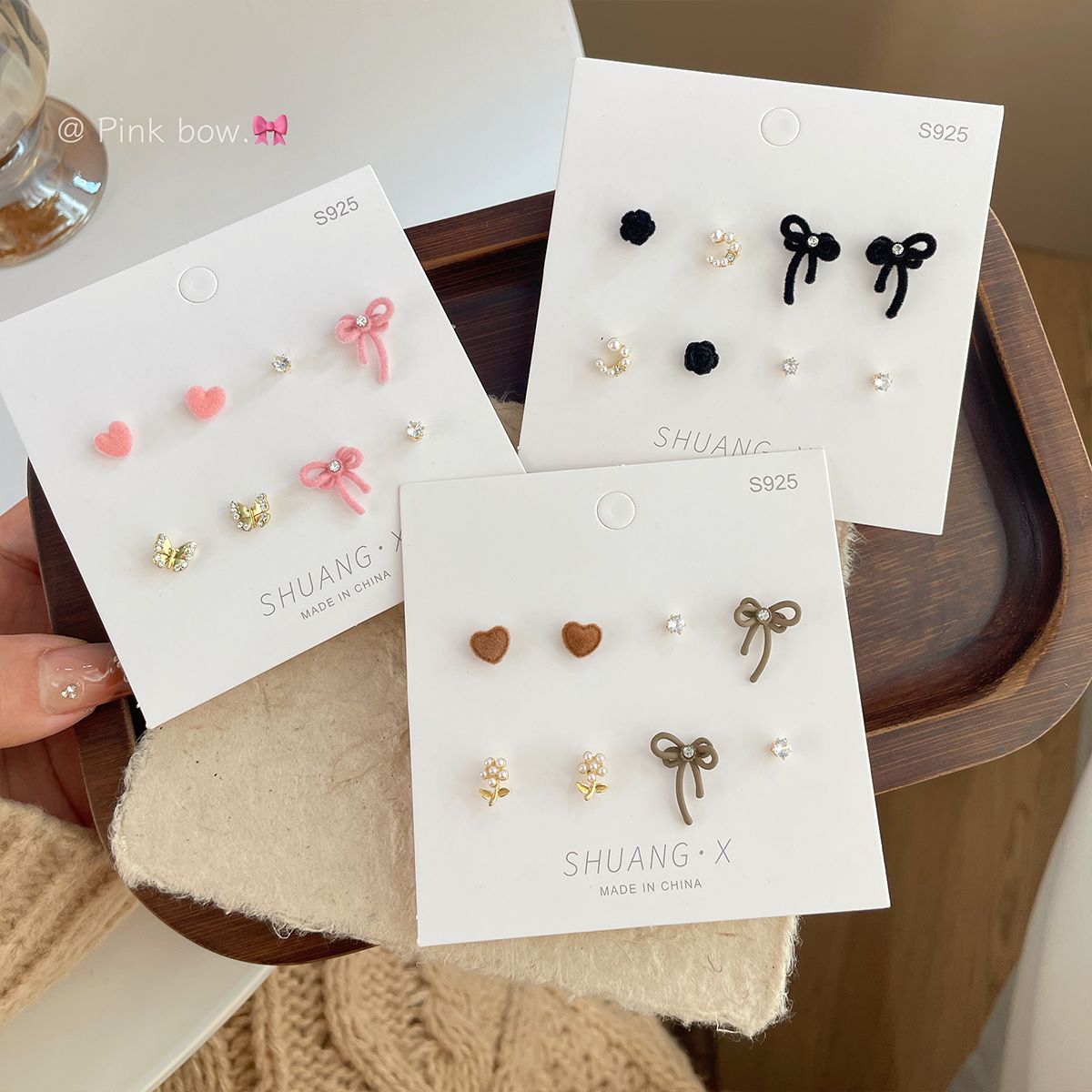 Sweet Bow Flocking Pcs Set Sier Needle Heart-shaped Earrings
