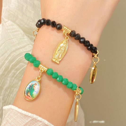 Portrait Maria Ornament Vintage Green Beaded Bracelets