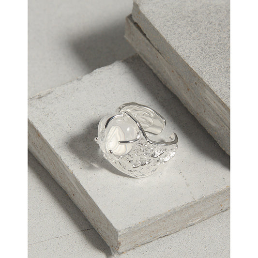 Women's Light Luxury Design Irregular Surface Crystal Pleated Texture Sterling Rings