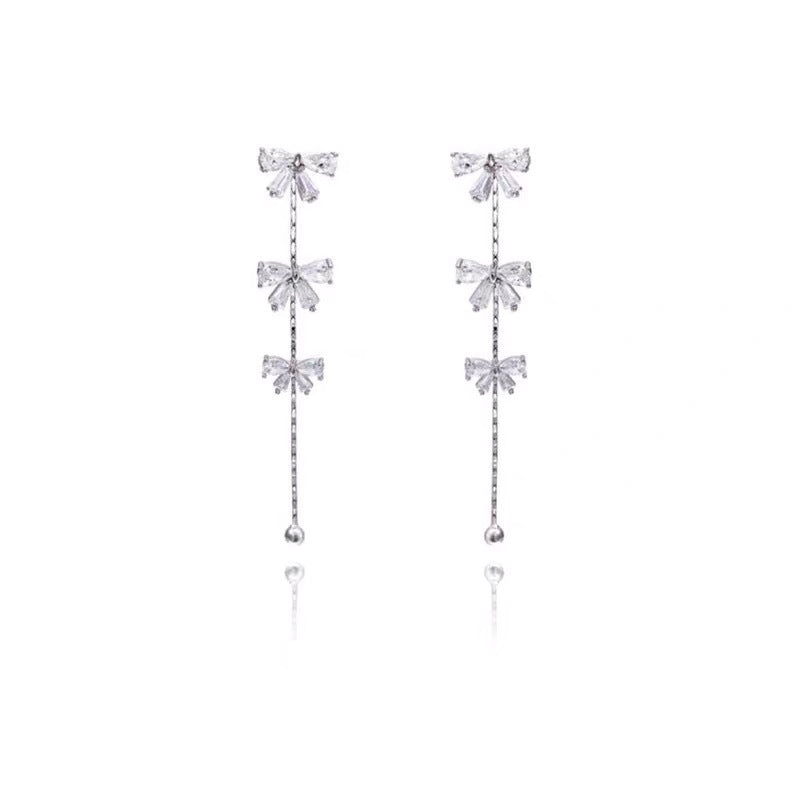 Bow Fringed Zircon Long Ear Clip Earrings