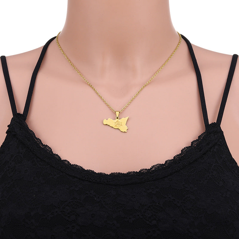 Women's Italy Sicily Map Flag Stainless Steel Necklaces