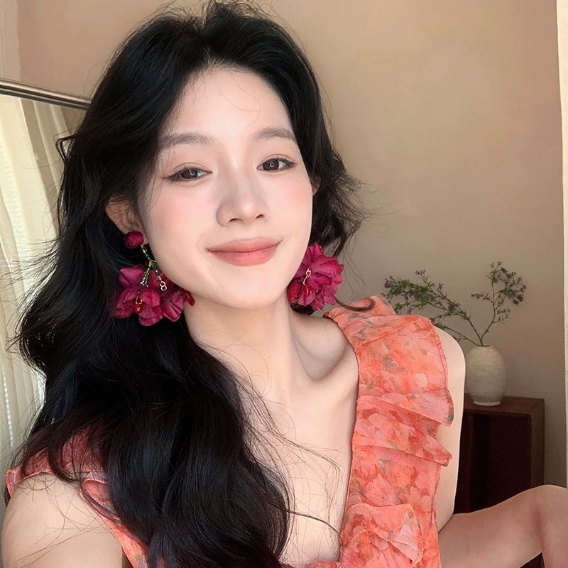 Ear Clip Burning Rose Female Wine Red Temperament Atmosphere Earrings