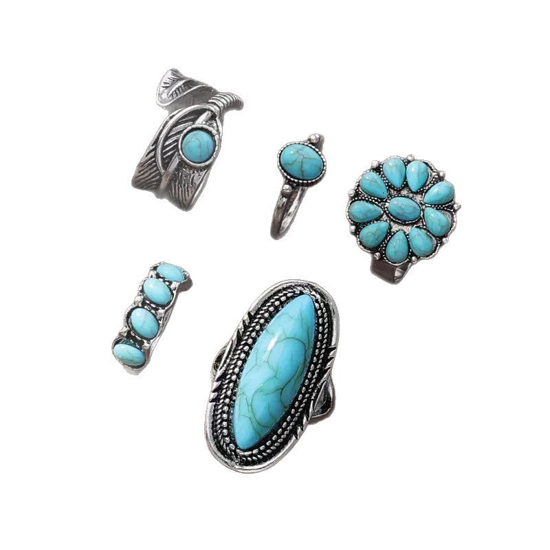 Retro Ethnic Feather Carved Turquoise Female Bohemian Rings