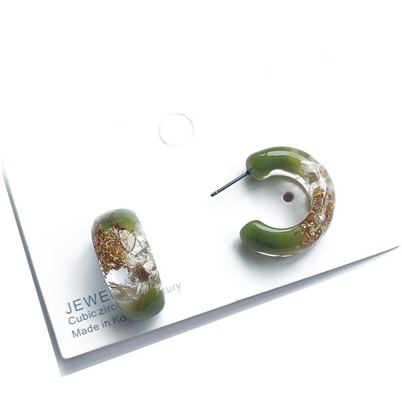 Exquisite Small Real Flower Gold Foil Resin Earrings