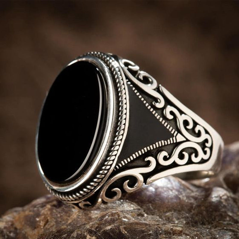 Fashion Flat Black Crystal Carved Pattern Rings