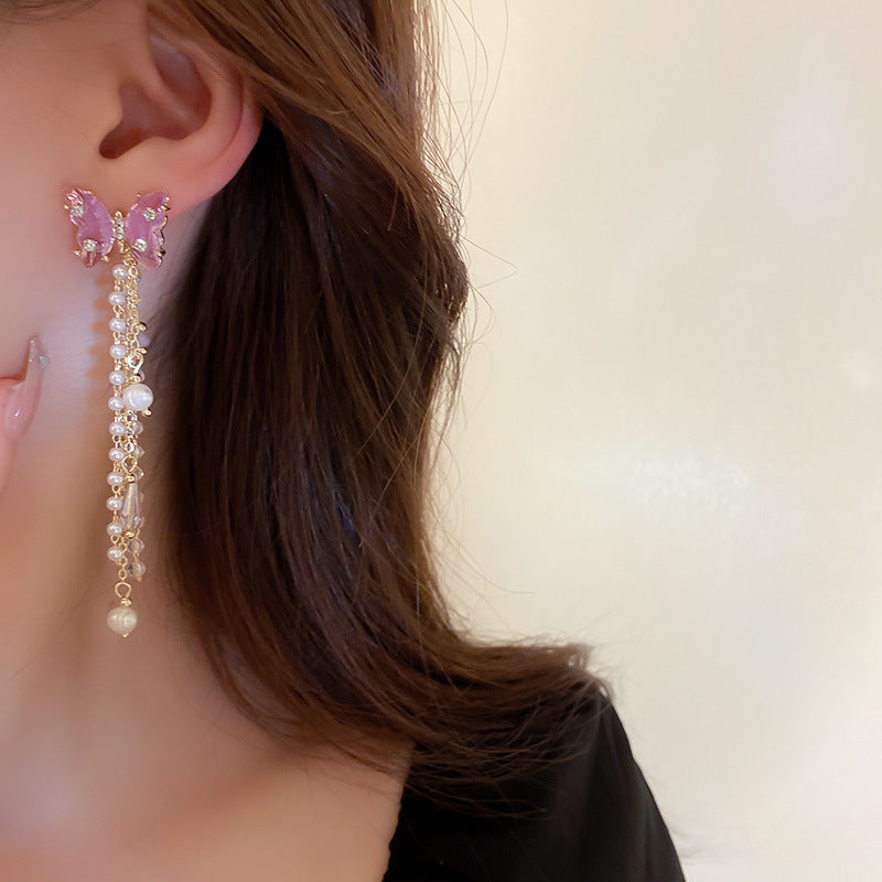 Needle Artificial Pearl Full Diamond Triangle Earrings