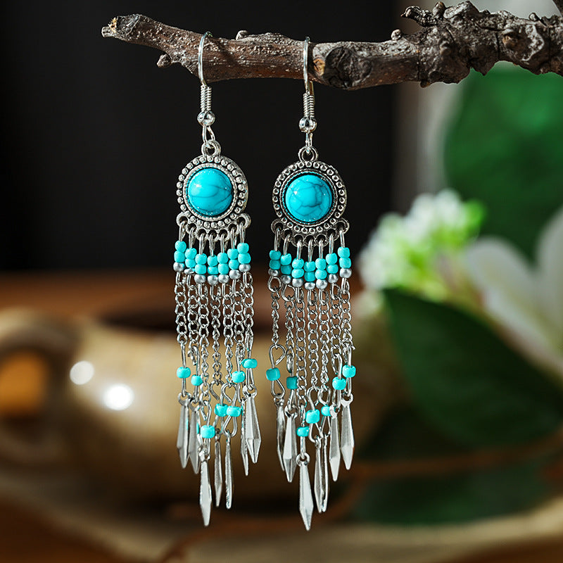 Women's Long Chain Tassel Retro Turquoise Fashion Antique Bead Earrings