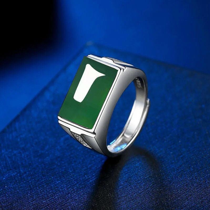 Men's Square Green Agate Ruby Vintage Emerald Rings
