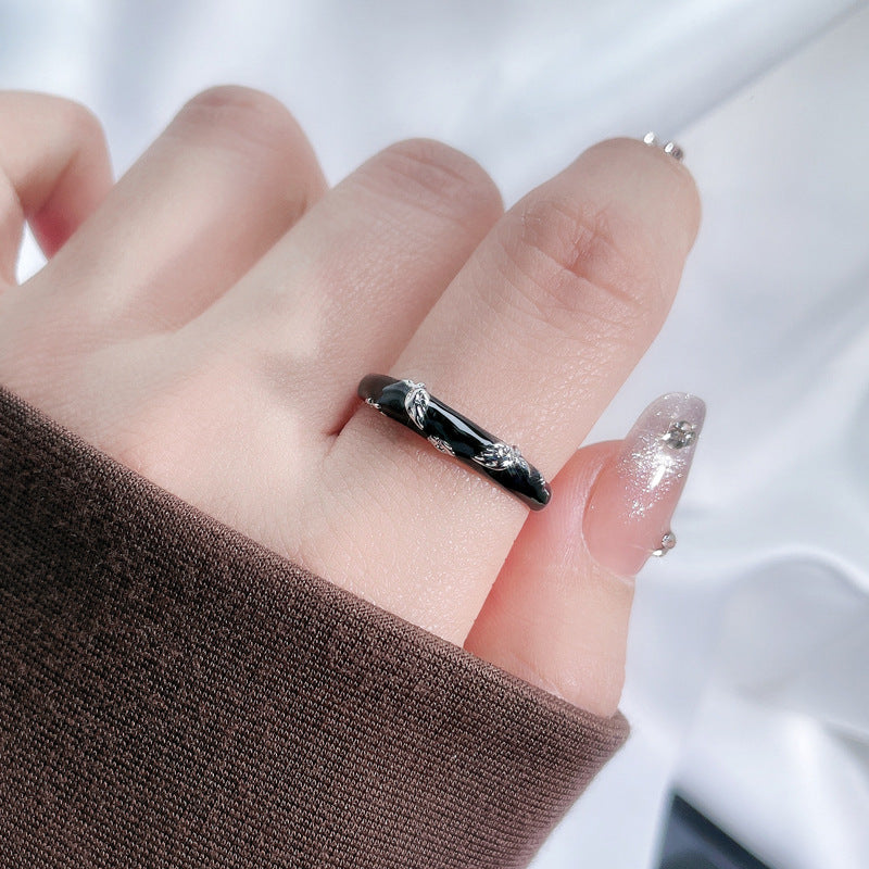 Black Zircon Texture Pleated Butterfly Opening Female Graceful Fashionable Rings