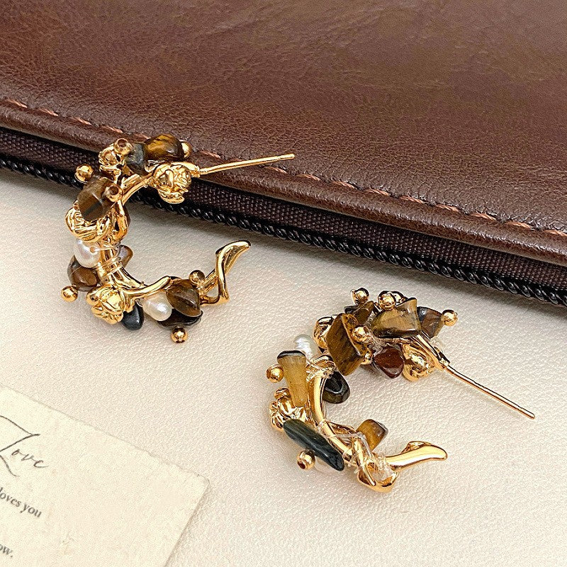 Freshwater Pearl Turquoise Bohemian Ethnic Style Ear Female Irregular Geometric Stud Earrings