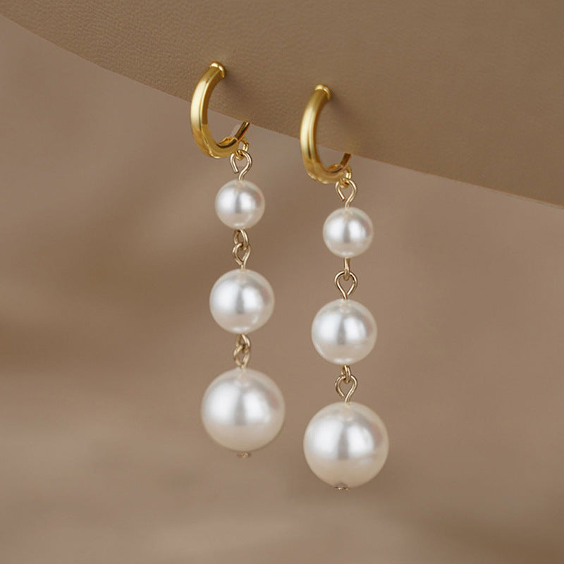 Women's French Red Ball Pearl Temperamental Tassels Earrings