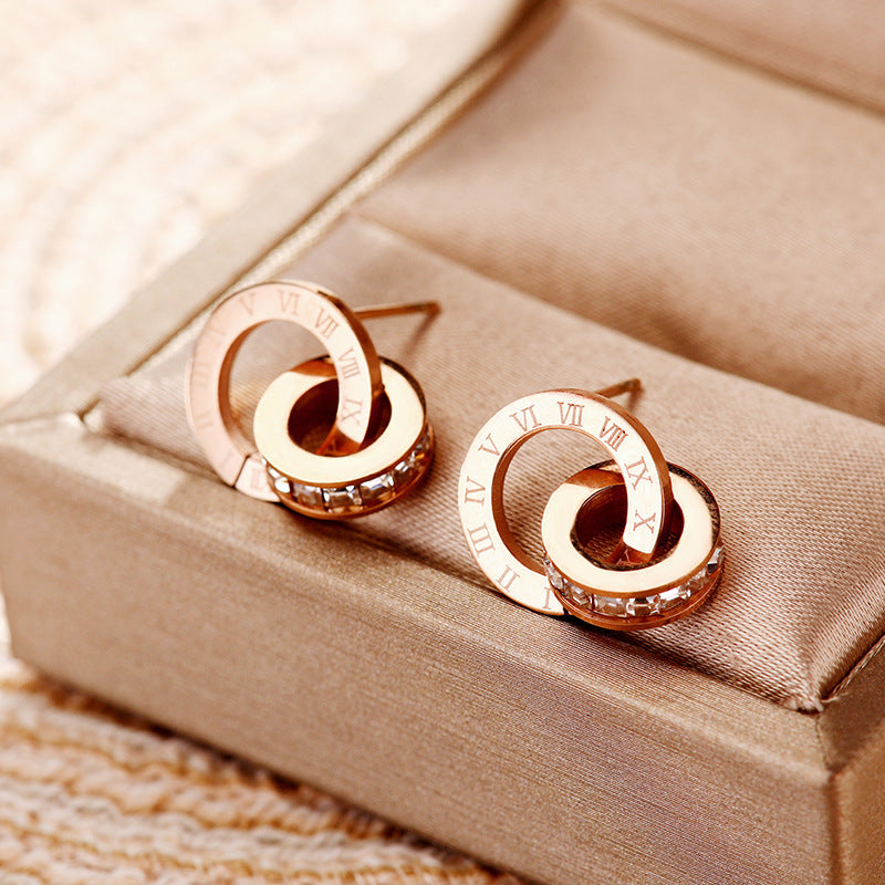 Roman Diamond Creative Rose Gold Titanium Steel Female Double Earrings