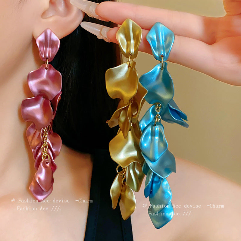 Women's Sier Needle Stitching Flower Tassel Unique Earrings