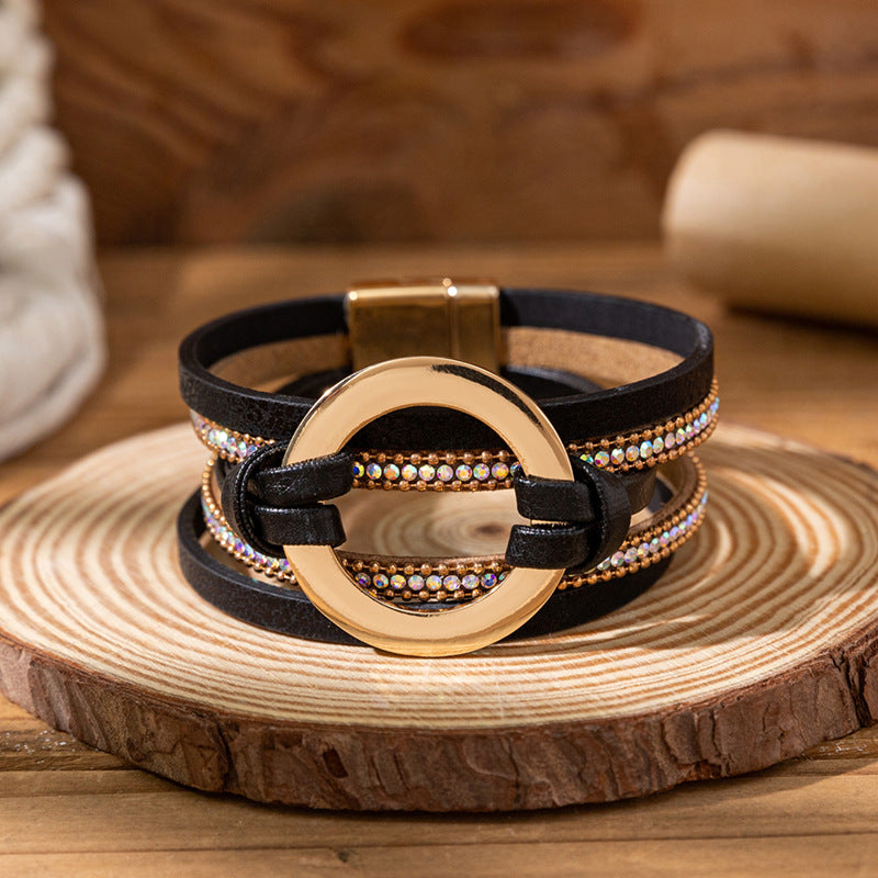 Personalized Big Circle Leather Niche Golden Rhinestone Bracelets