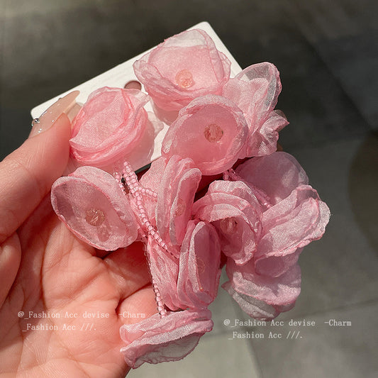 Women's Sier Needle Crystal Flowers Long Mori Earrings