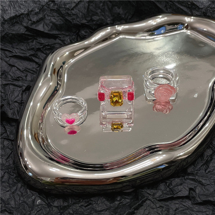 Pink Square Style Roses Transparent Resin Rings