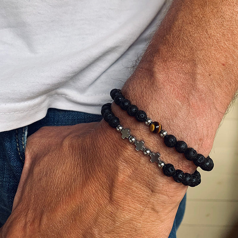 Men's Beaded Suit Map Stone Haematite Cross Bracelets