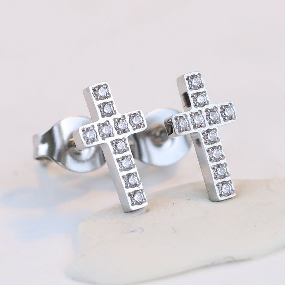 Titanium Steel Cross Stainless Inlaid Zirconium Earrings