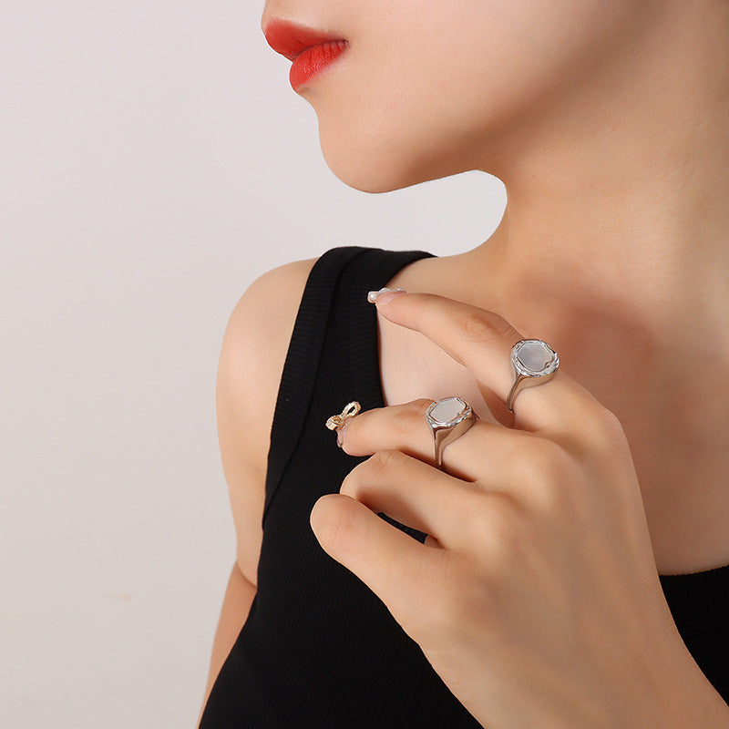 Women's Cute Titanium Steel Gold-plated Accessories Design White Rings