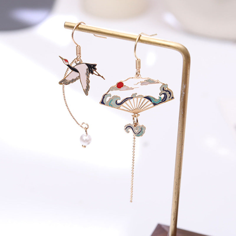 Fan Asymmetric Long Tassel Imitation Pearl Painting Earrings