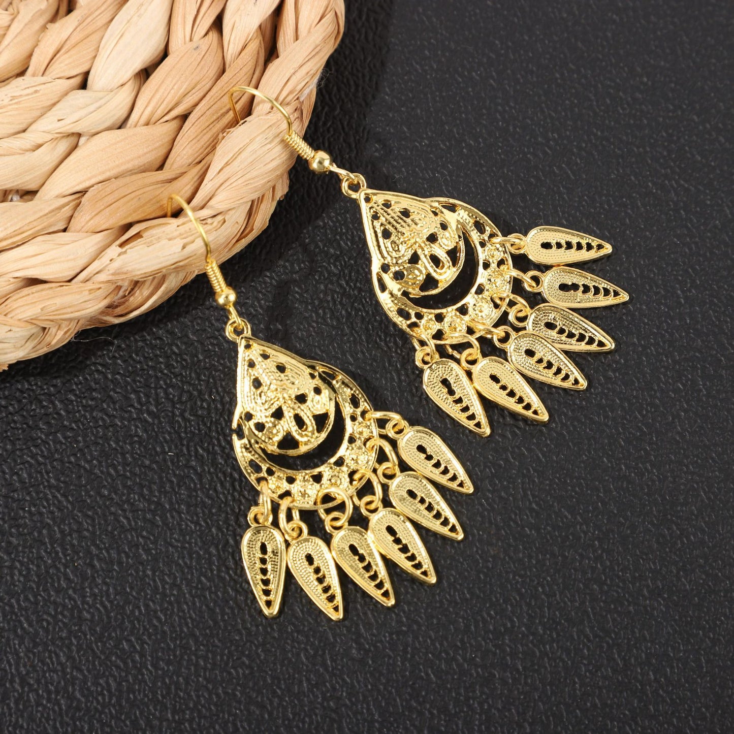 Golden Bell Tassel Bohemian Leaf National Earrings
