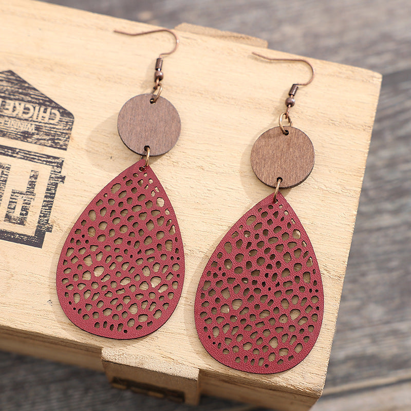 Retro Hollow Spider Web Stitching Wood Earrings