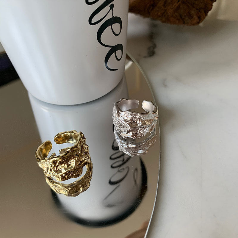 Women's Retro Open Pleated Irregular Concave Sterling Sier Rings