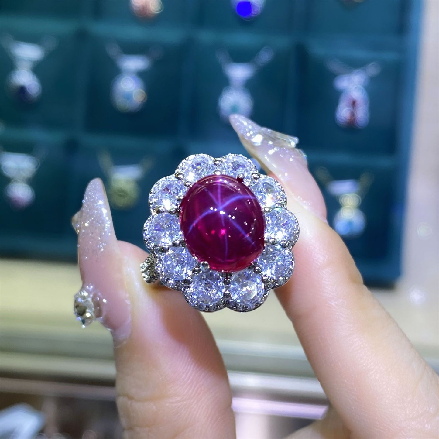 Red Corundum Star Diamond Pigeon Egg-shaped Ring