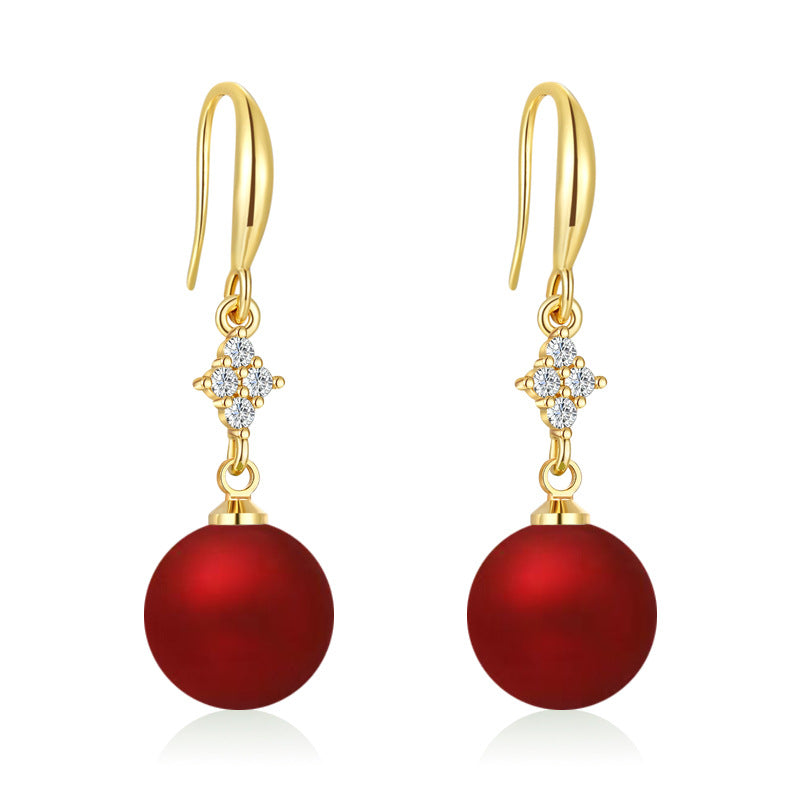 Inlaid Zircon Matte Red Round Beads Earrings