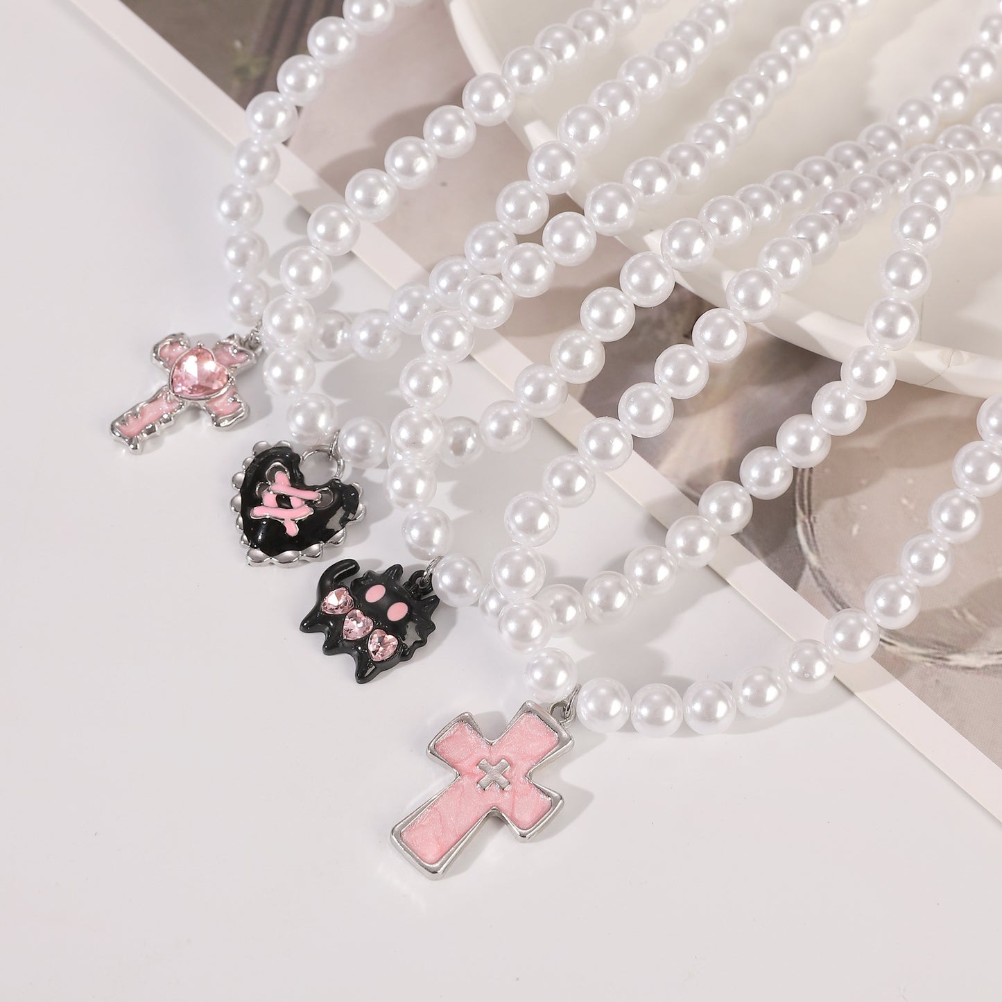Gothic Retro Pink Cross Cat Stringed Pearls Necklaces