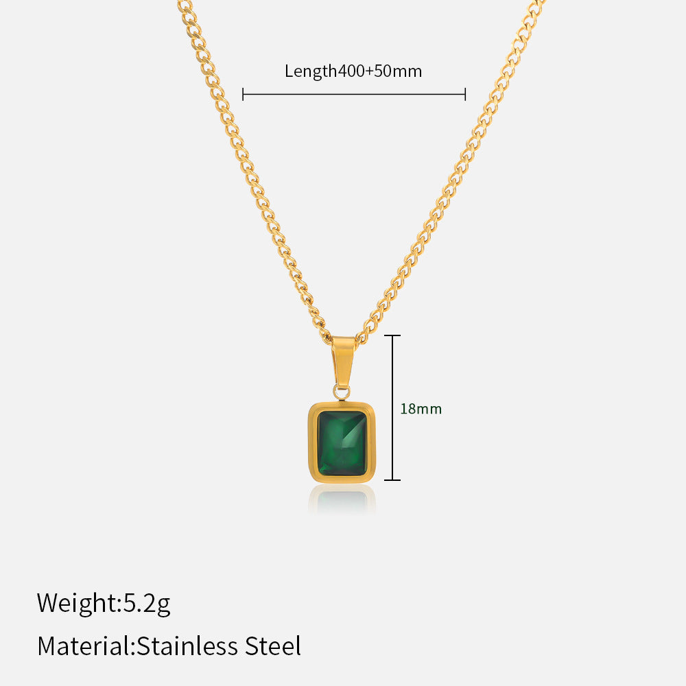 French Retro Emerald Stainless Steel Popular Geometric Fritillary Inlaid Necklaces