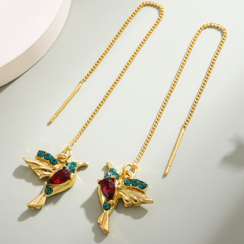 Glamorous Versatile Bird Red Blue Diamond Earrings