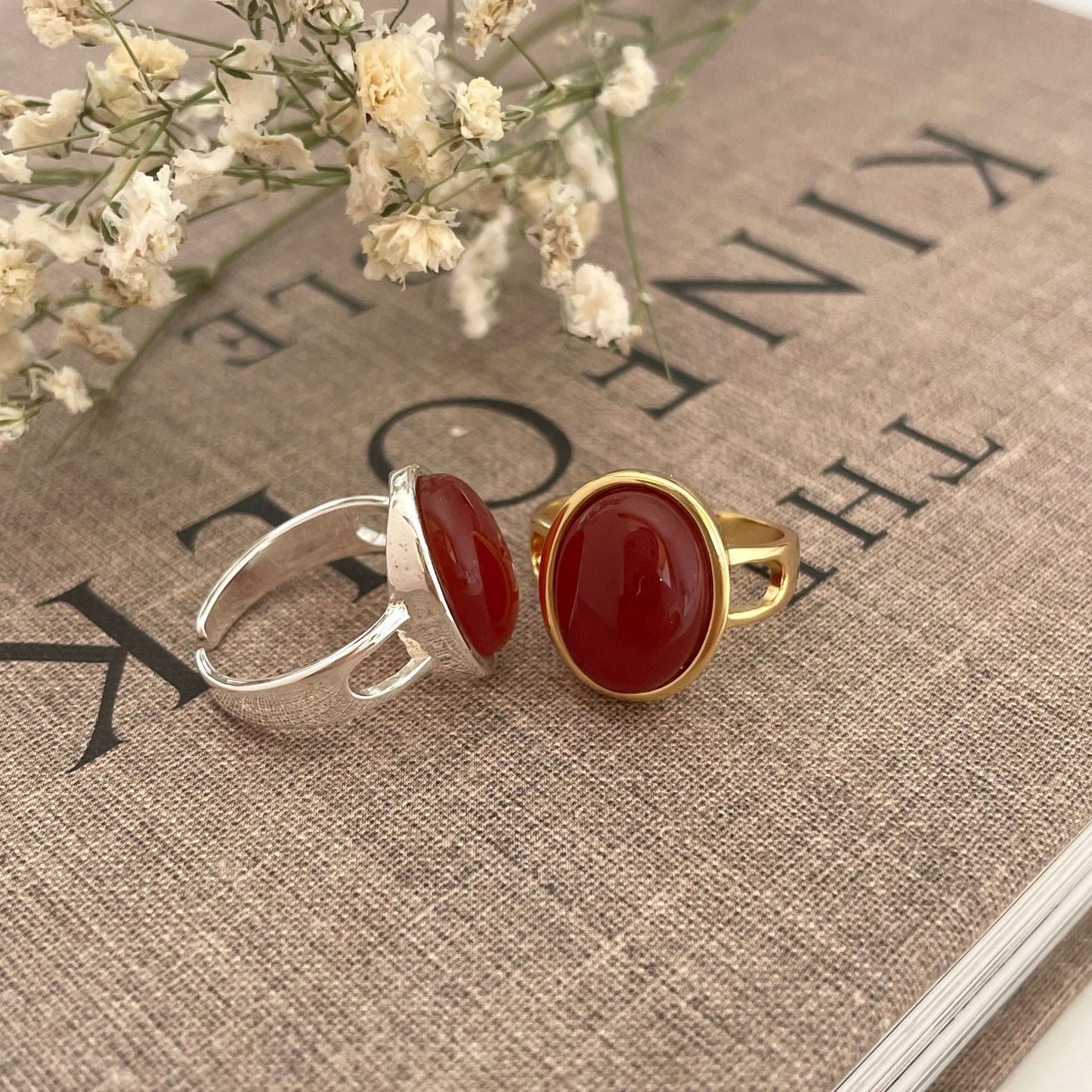 Women's French Style Sterling Sier Red Agate Rings