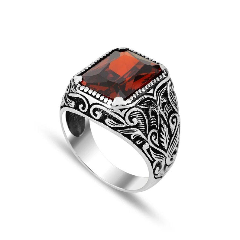 Men's Retro Exaggerated Ethnic Style Inlaid Square Ruby Punk Rings