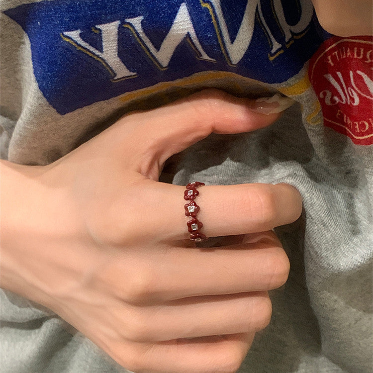Retro Red Glaze Flower Cherry Minority Design Sense Rings
