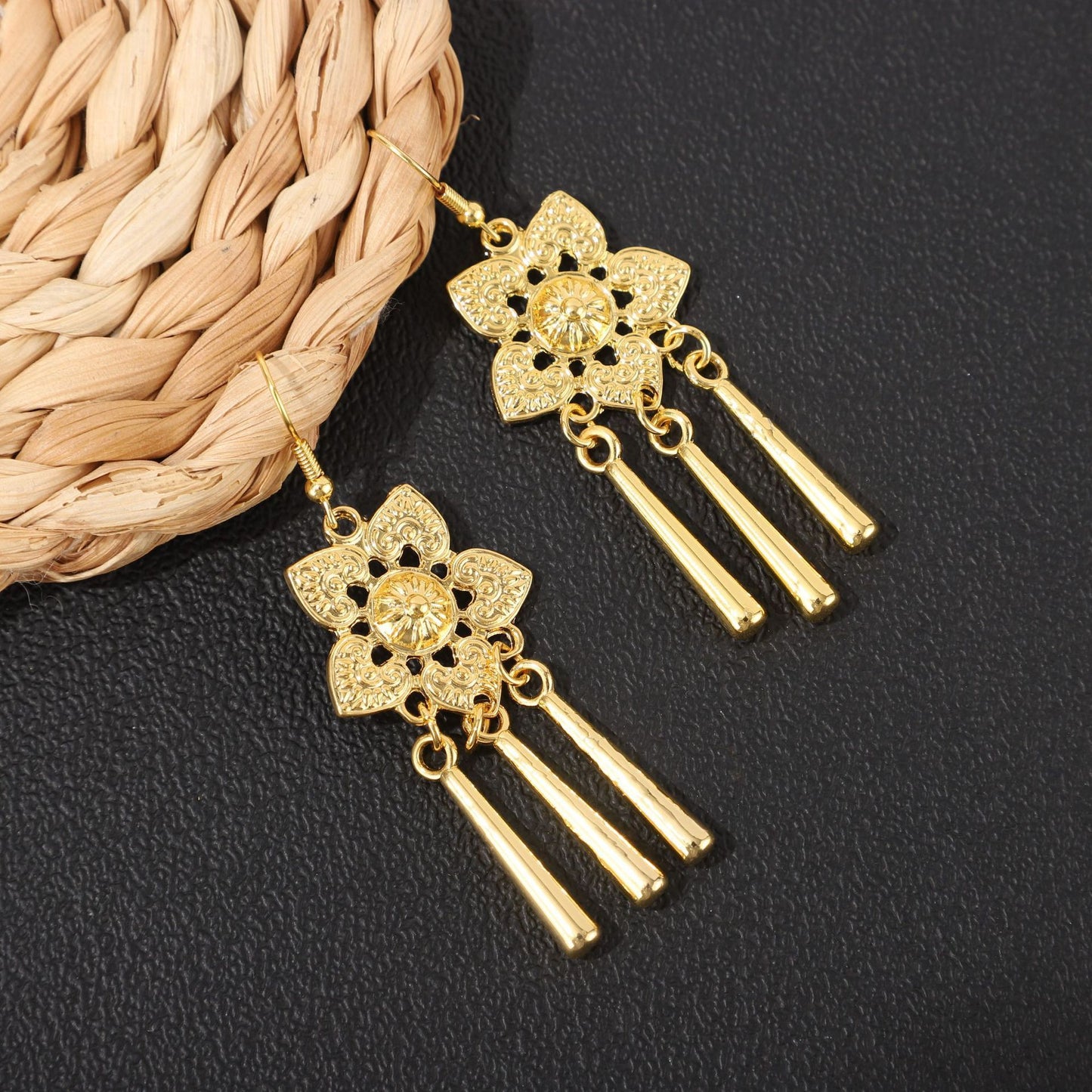 Golden Bell Tassel Bohemian Leaf National Earrings