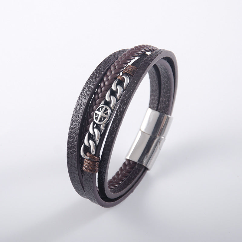 Men's Stainless Steel Chain Cross Woven Leather Bracelets