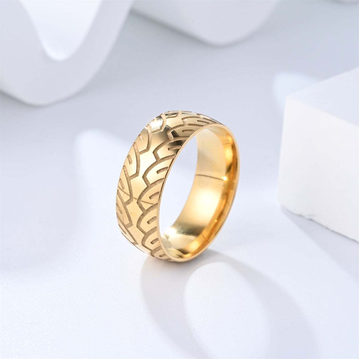 Men's Titanium Steel Corrosion Carved Tire Pattern Rings