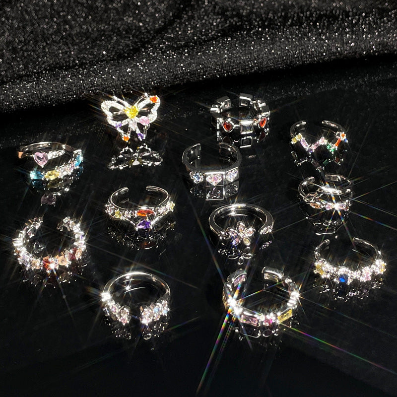 Colorful Crystals Zircon Light Luxury Open Female Design Rings