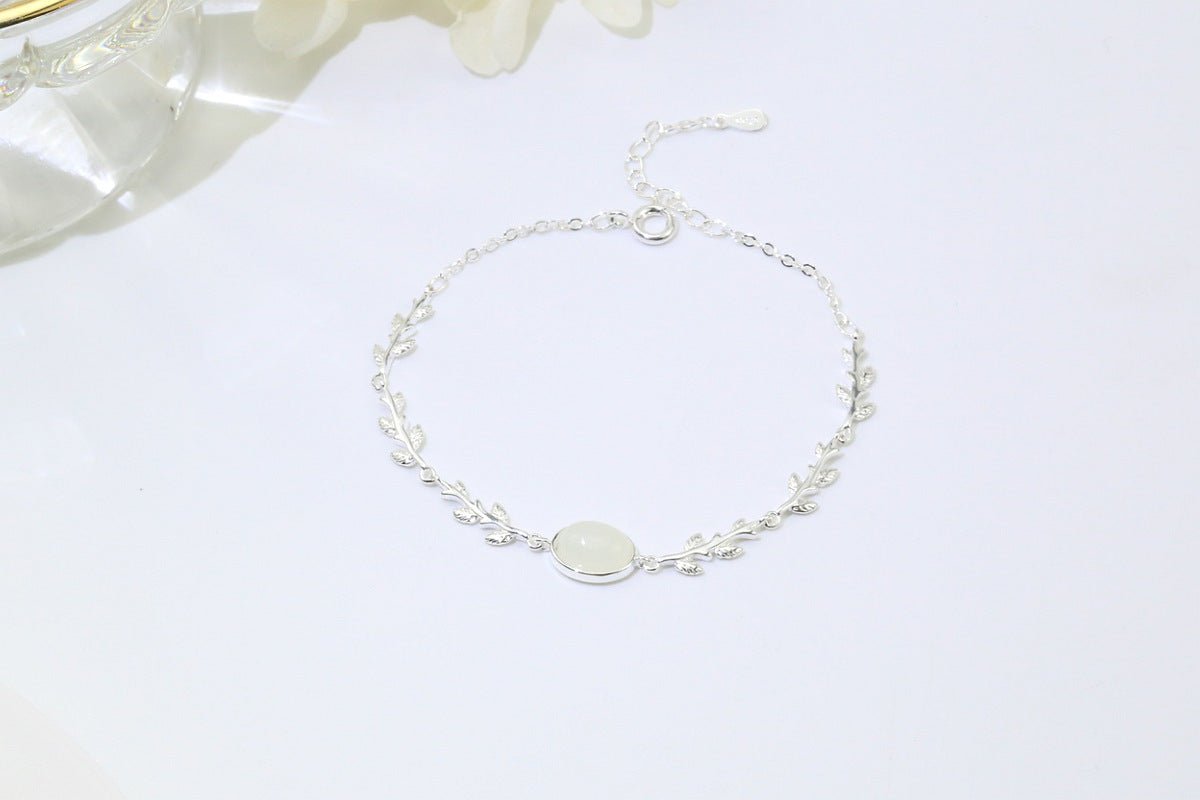 Women's Branch Crystal White Chalcedony Leaves Simple Bracelets