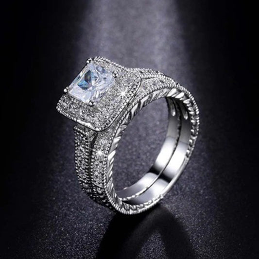 Sier-plated Diamond Fashion Luxury Couple Square Rings