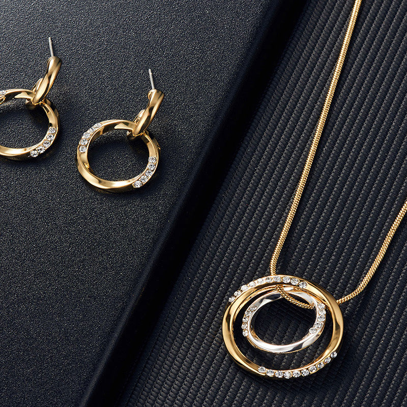 Style Popular Wedding Personalized Circle Bright Alloy Diamond Two-color Jewelry Set