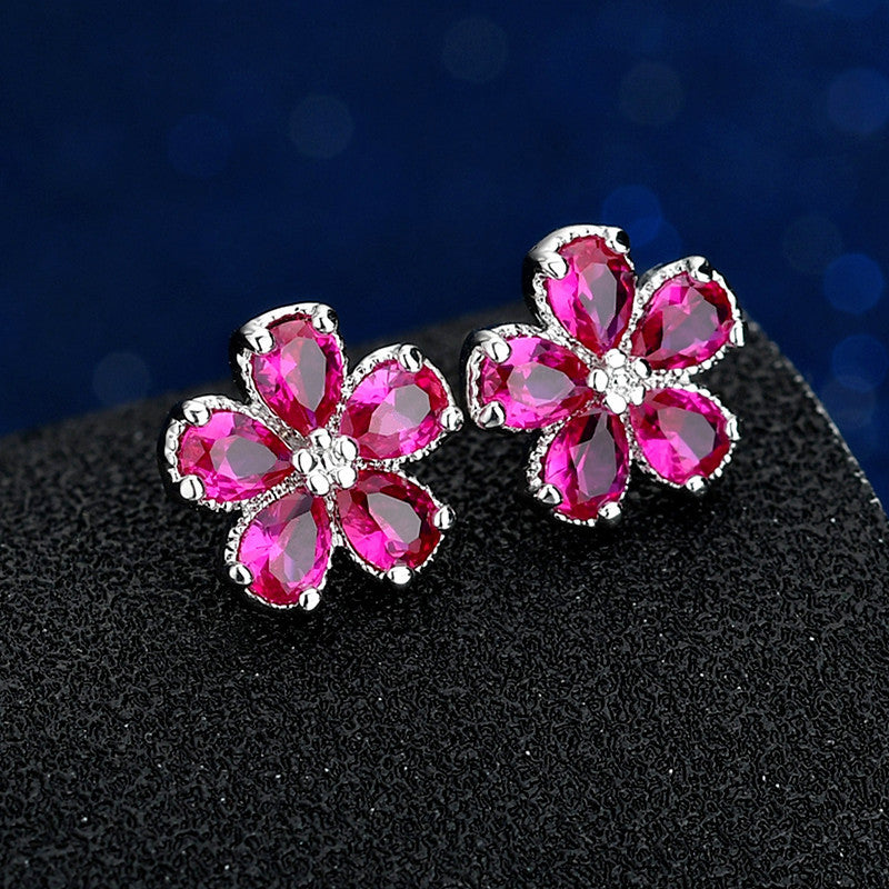 Ruby Flower Trendy Inlaid Red Corundum Earrings