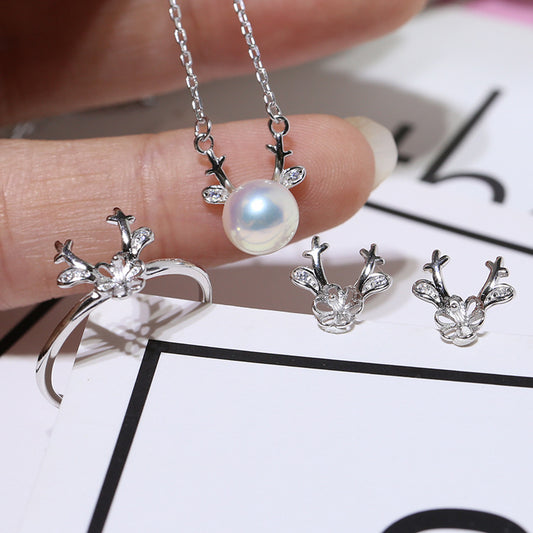 Women's Sterling Sier Pearl Frame Antlers Chain Jewelry Set