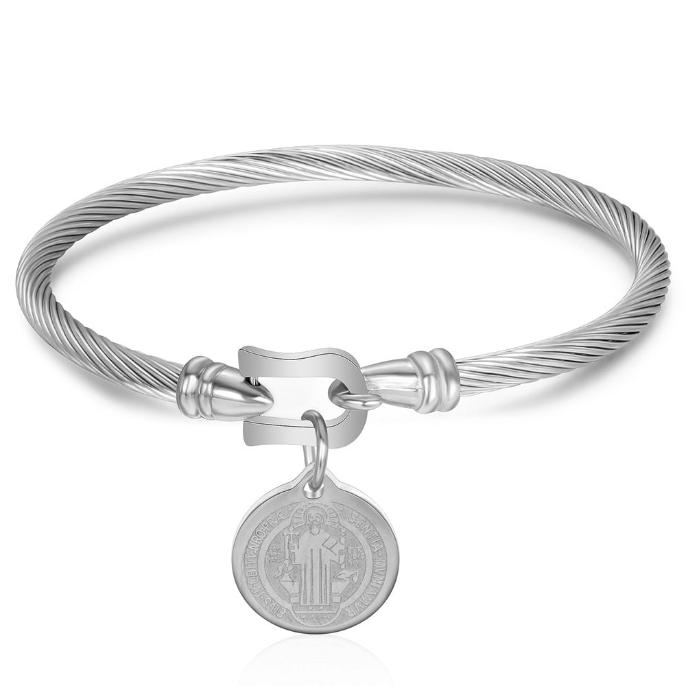 Women's Stainless Steel Round Vachette Clasp Jesus Bracelet
