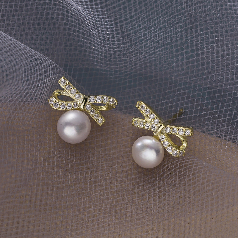 Sterling Sier Bow Pearl Female French Minority Earrings