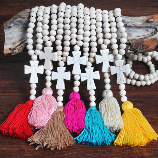 Women's Ornaments White Wood Handmade Beaded Tassel Necklaces