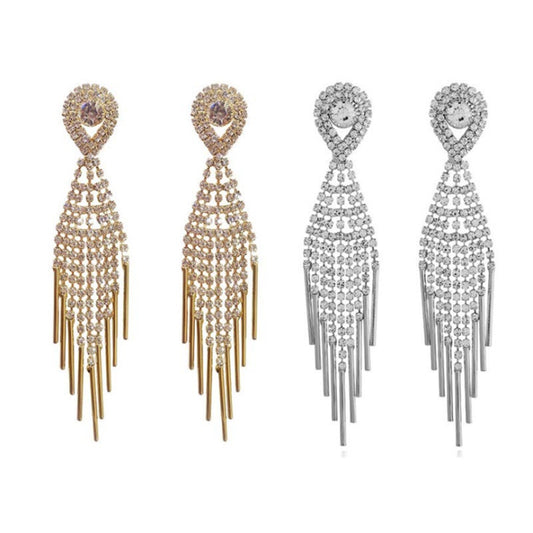 Women's Elegant Long Face Sier Needle Water Drop Tassel Super Earrings