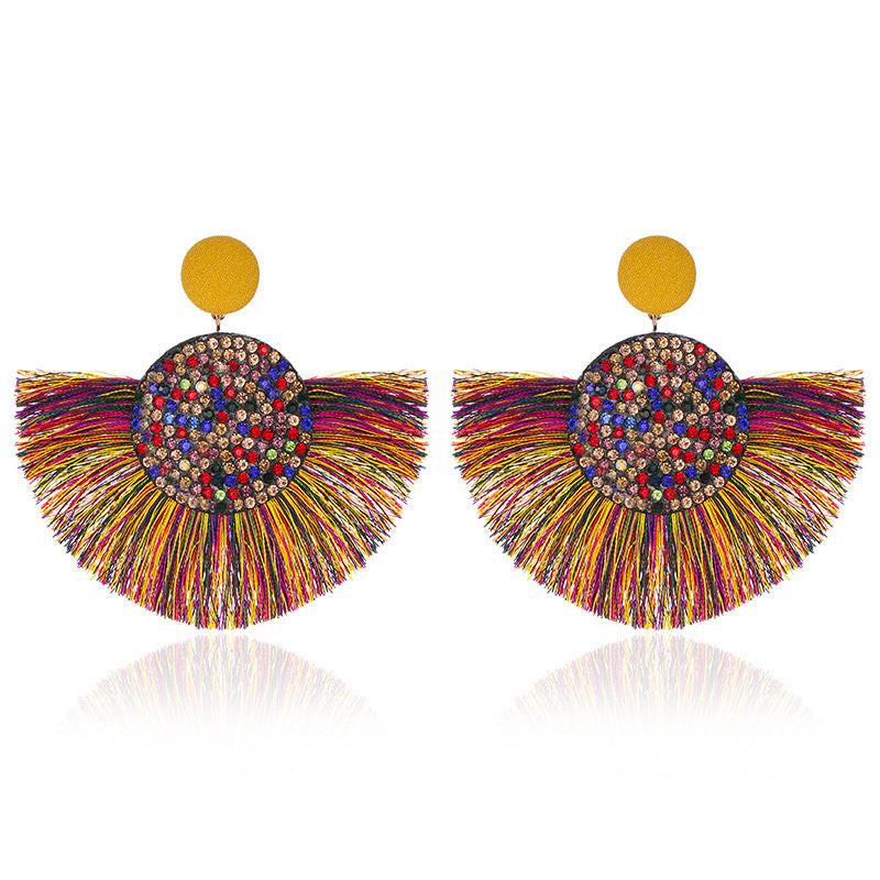 Stylish Colored Diamond Fan-shaped Tassel Bohemian Earrings